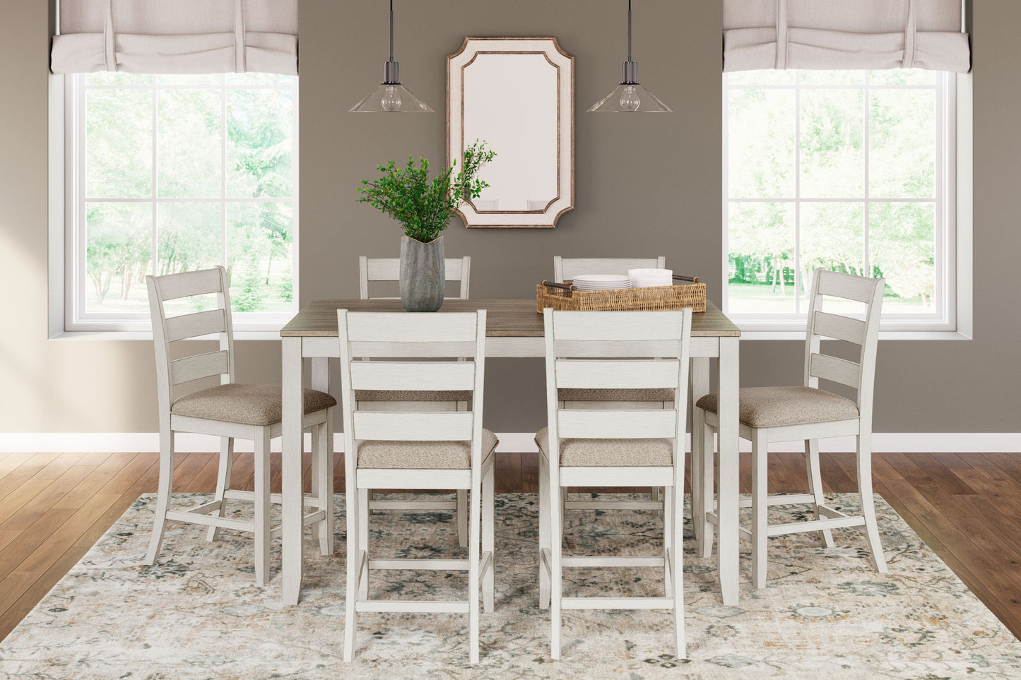 Skempton - Counter Height Dining Table and Bar Stools (Set of 7) - White / Light Brown